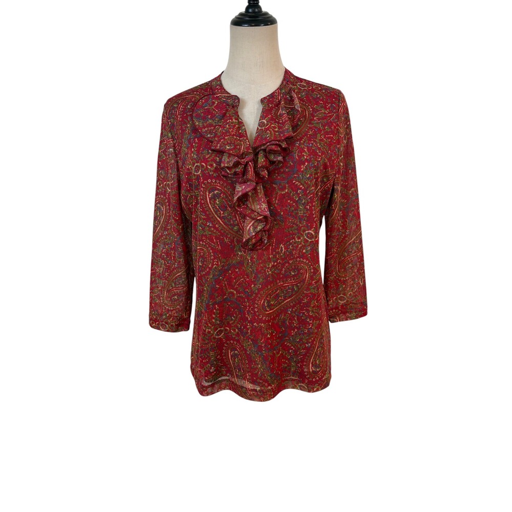 Y2K Chaps Mesh Top Womens XL Red Paisley Ruffle V-Neck 3/4 Sleeve Boho artsy